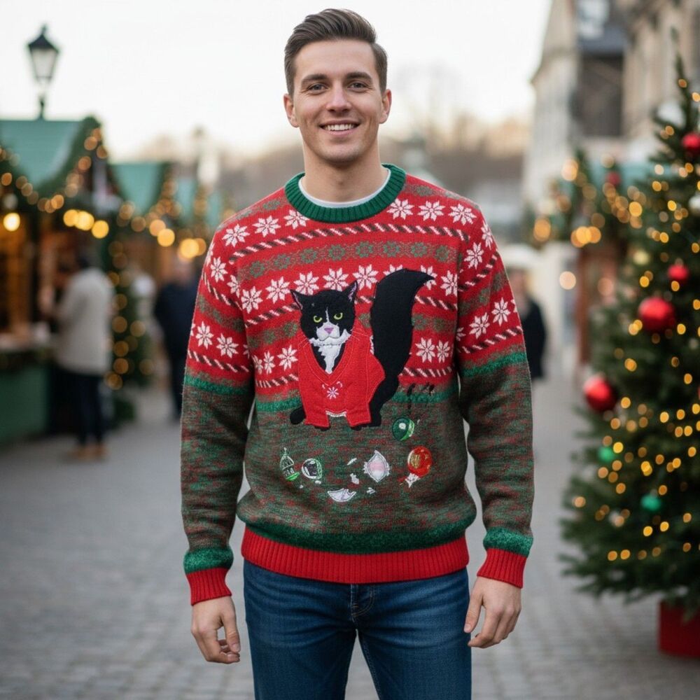 33 Degrees Black Cat Ugly Christmas Sweater Men's Size XXL 3D Holiday Knit